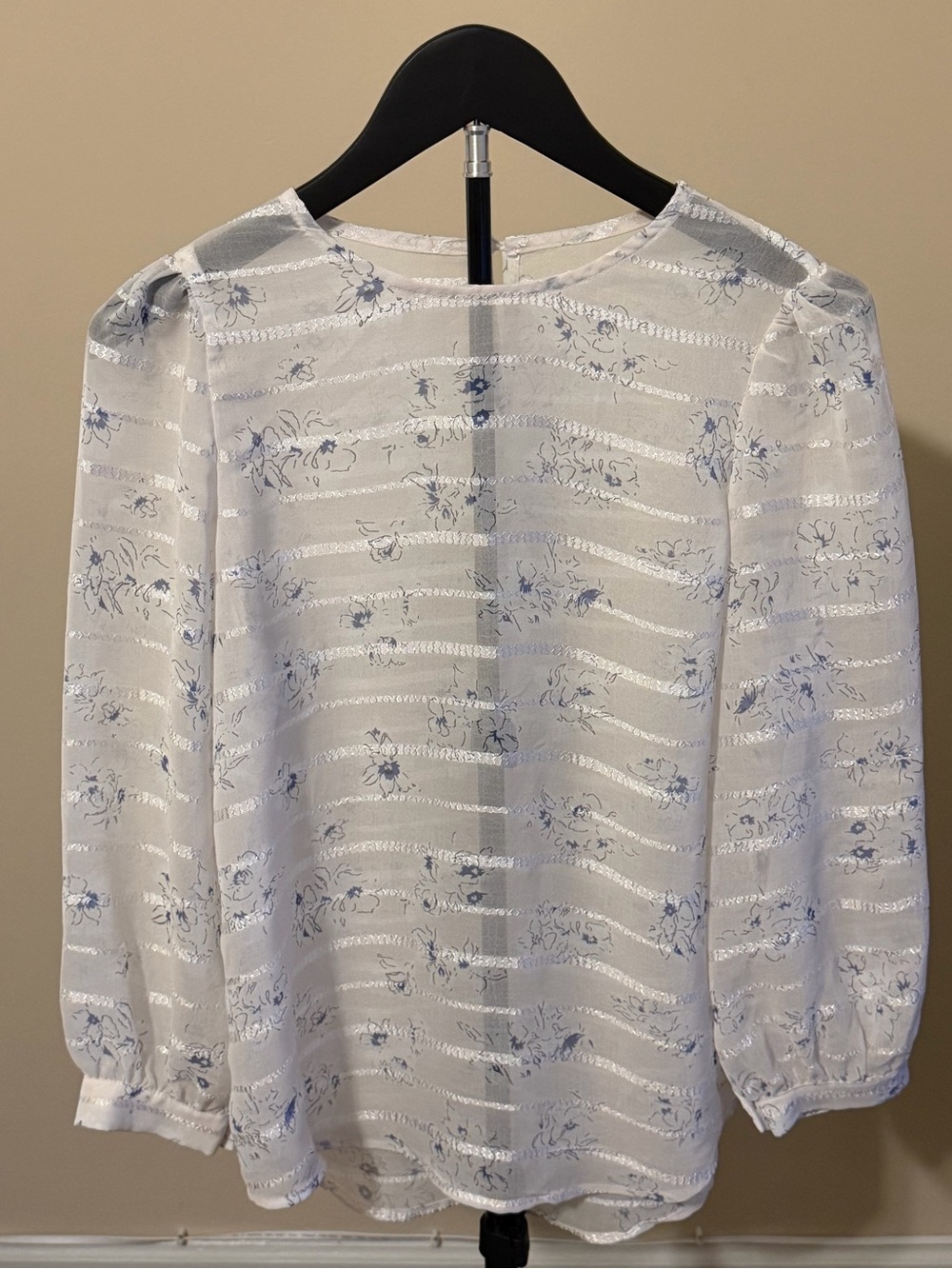Sheer White and Blue Floral Long Sleeve Blouse